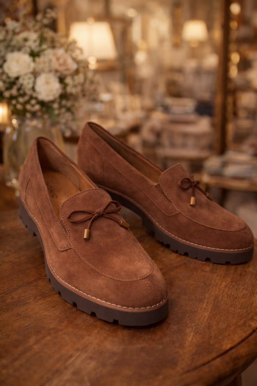 Vionic Finley Brown Suede Bow Lug Sole Comfort Loafers Women’s Sz 9 Preppy Chic